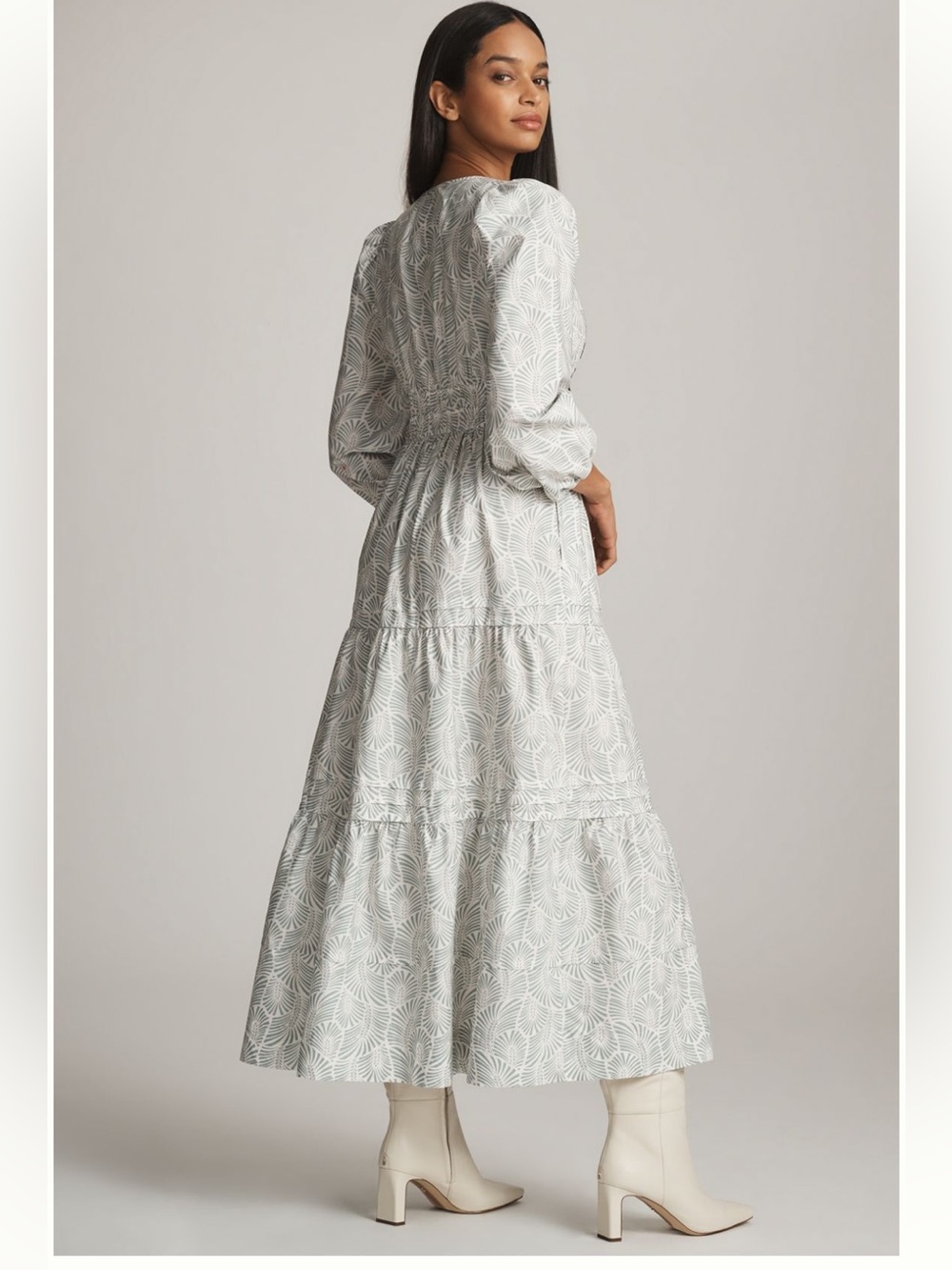 Anthropologie White and Light Gray Printed Maxi Dress